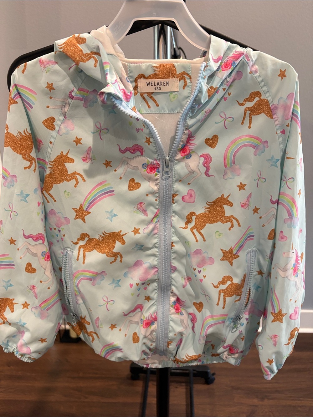 Welaken Girls' Unicorn Zip Hoodie - Mint with Gold Glitter Unicorns